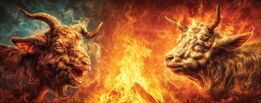 intense animal standoff two majestic goats facing each other blazing fire background artistic illustration power strength rivalry zodiac symbolism concept