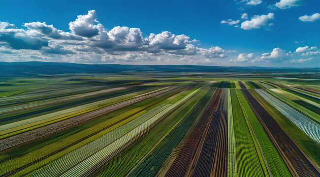Aerial view of striped agricultural fields under a cloudy blue sky