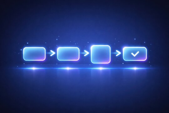 Digital flowchart with glowing neon blocks and checkmark on dark blue background