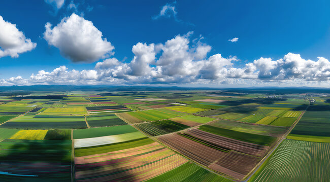 Aerial view of patchwork farmland under blue sky with clouds