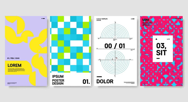 Abstract graphic design poster collection featuring vibrant colors, diverse patterns, and minimalist layouts, ideal for contemporary visual communication projects