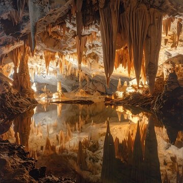 A serene underground cave with a still pool reflecting towering stalactites and stalagmites