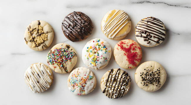 Assorted decorated cookies arranged on white marble background