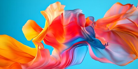 Fototapeta premium Abstract visualization of vibrant flowing liquid silk fabric material undulating dynamically against a bright cyan blue background suggesting motion and energy