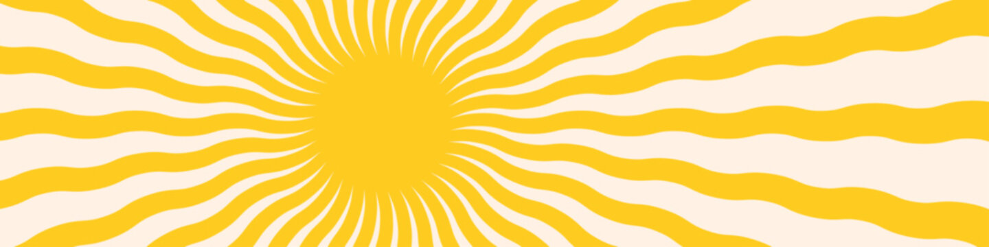 Sun rise radial retro groovy pattern. Psychedelic background with groovy hippie retro sunny rays. Abstract hand drawn doodle sunshine shape in trendy childish naive art style. Summer poster, banner