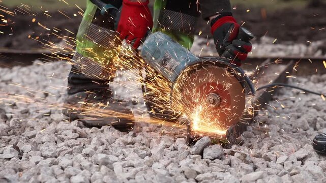 Construction worker cuts a rail with an angle grinder, sparks fly across crushed stone ballast. Red gloves, work boots, and cut off saw indicate track maintenance.