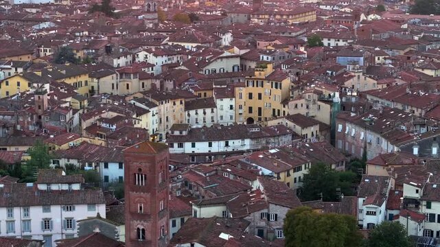 Aerial view of the main square, Piazza dell'Anfiteatro, in Lucca, Tuscany, Italy. Medieval Historical Center at Twilight