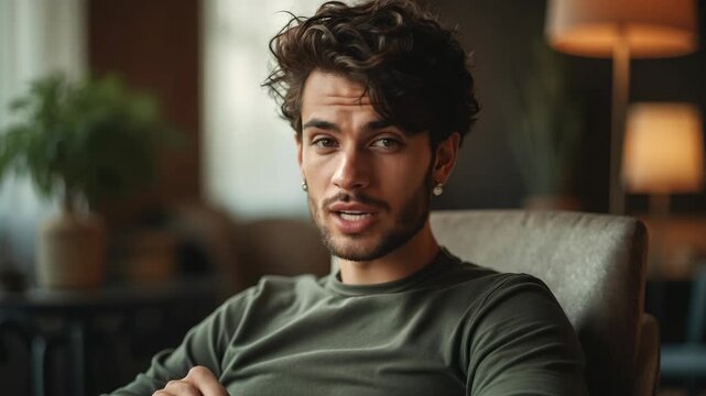 Handsome young man in design office fashion editorial shot, high-fashion imagery, avant-garde aesthetics, editorial storytelling, conveying fashion trends and concepts, artistic inter.