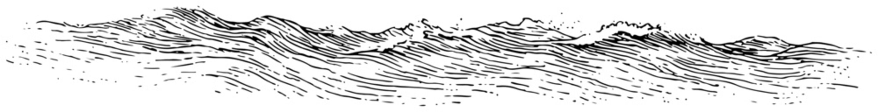Ocean waves sea surface panorama vector illustration, Hand drawn nautical water ripples and tide, Vintage woodcut maritime horizon sketch