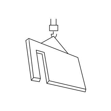 Crane lifting precast concrete wall panel with window opening for modular building house construction.Editable stroke, Vector illustration, Line art Icon, Symbols.