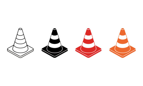 Traffic safety cone icon set in outline and flat design styles