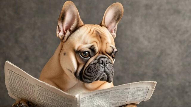 A dog sits indoors and looks closely at a newspaper as if trying to understand the content while maintaining a serious expression