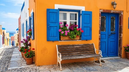 Fototapeta premium Santorini Dream Vivid Orange Wall with Blue Accents, and Bench Sea View.