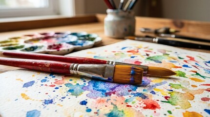 Fototapeta premium Artistic Workspace Palette with Brushes, and and Watercolor Splashes on Wood Table.