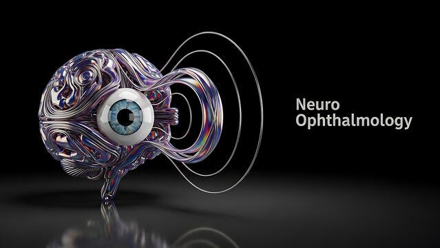 Neuro ophthalmology eye anatomy colorful illustration with swirling patterns and blue iris on black background