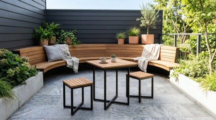 Fototapeta premium Urban Oasis Cozy Backyard Patio with Curved Wooden Bench Lush Plants.