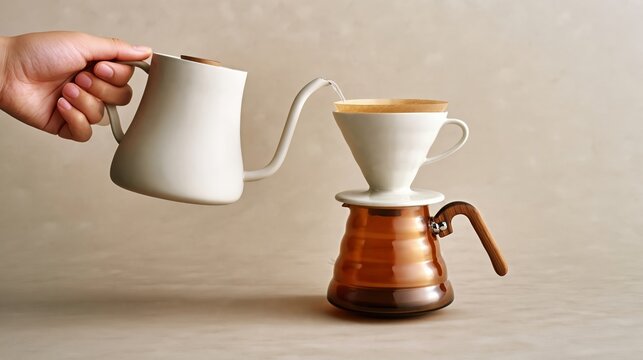 Hand pouring hot water from a white kettle into a brown coffee dripper set on a glass carafe, with a neutral background highlighting the brewing process