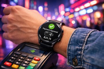 Fototapeta premium Contactless payment approved on smartwatch at a terminal in a vibrant city at night