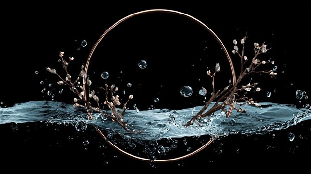 A copper circle surrounds a blossoming branch emerging from water with bubbles on a black background