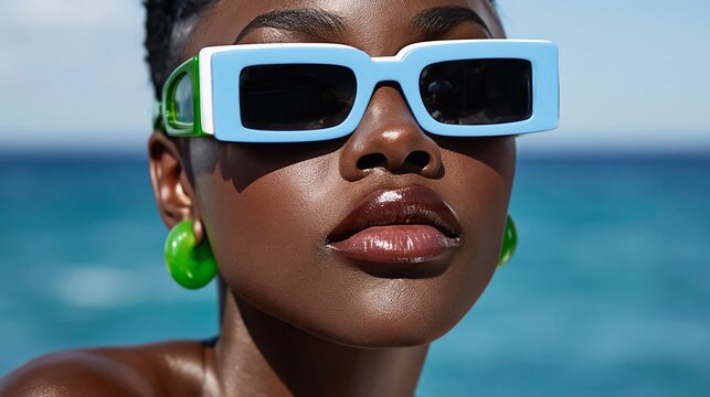 African woman with short hair wearing oversized blue sunglasses and green earrings poses against a blurred ocean background, showcasing summer fashion and beauty trends