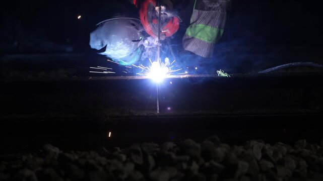 Low angle night scene shows welder performing arc welding on a railway rail. Sparks fly, smoke rises, and a molten droplet falls as cables and ballast frame the work.