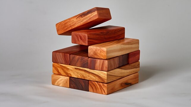 Stacked wooden blocks in various shades of brown and red arranged in a balanced formation on a light gray background showcasing natural wood grain patterns