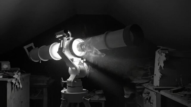 Black and white shot of a telescope in a dimly lit attic room with smoke streaming from the objective lens