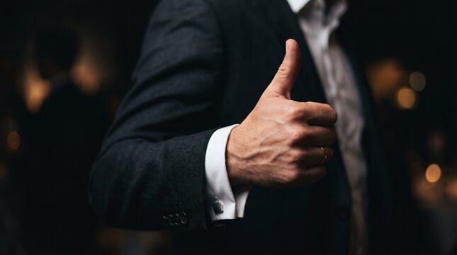 Thumbs Up Successful Businessman Hand Gesture on Dark Background.