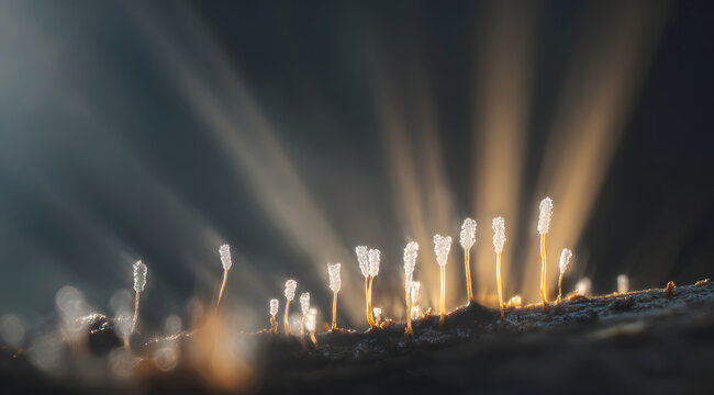 Tiny fungi growing on dark surface with glowing backlight