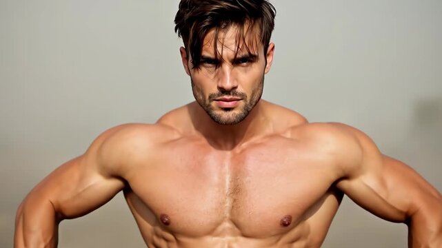 A muscular man poses confidently, showcasing strength and determination.