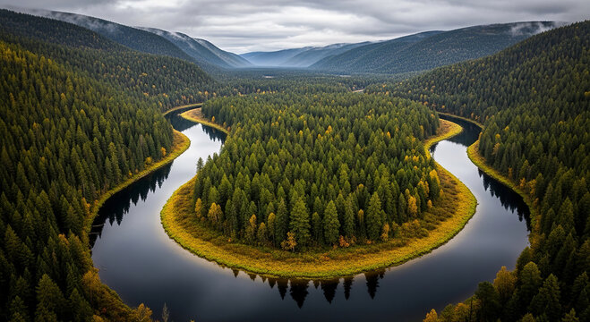River delta, aerial view, forest landscape, waterway, natural scenery