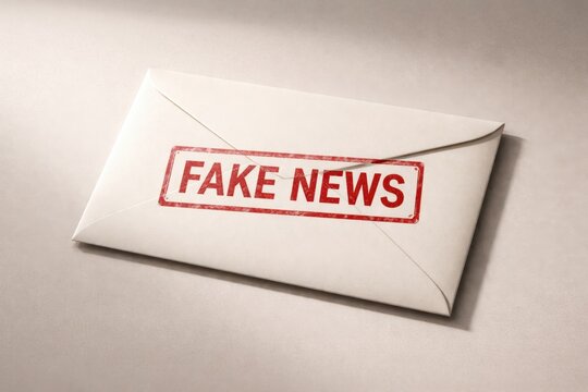 Red stamp with the words Fake News printed on a white envelope