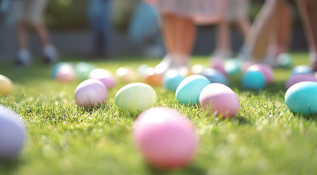 Pastel plastic eggs scattered on grass during an outdoor egg hunt
