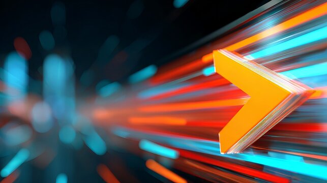 A vibrant yellow arrow points to the right amidst a blur of colorful lights and motion