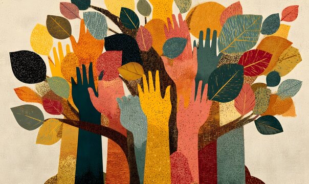 Community support tree illustration with diverse hands and leaves for collaboration concept art design
