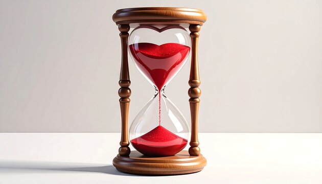 A heart-shaped hourglass with red sand on a white surface