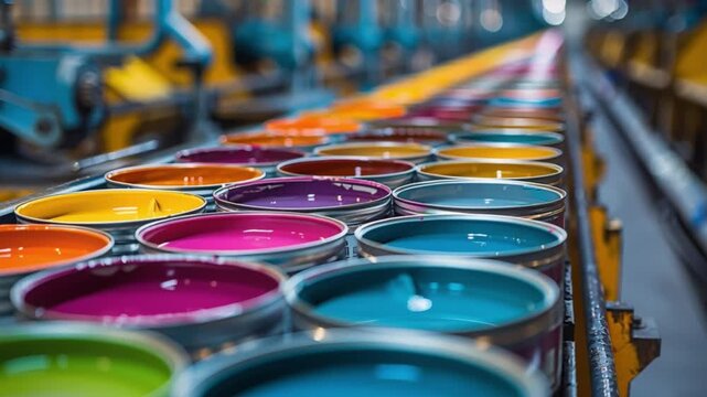 Rows of vibrant paint cans progress smoothly along the factory's manufacturing line under daylight, surrounded by workers, illustrating the operation's efficiency on the factory floor