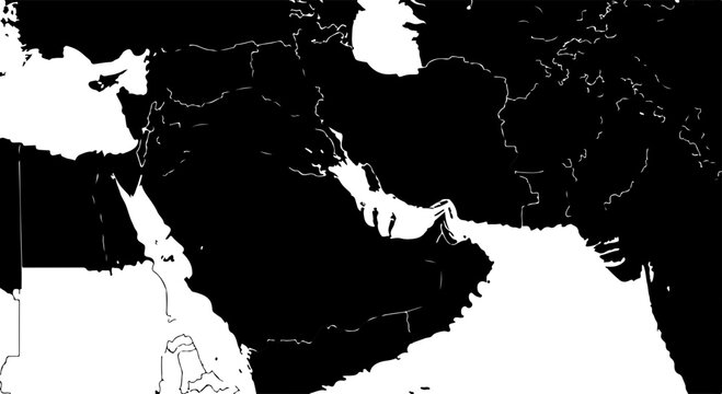Black and white map of the middle east and north africa regions with country borders