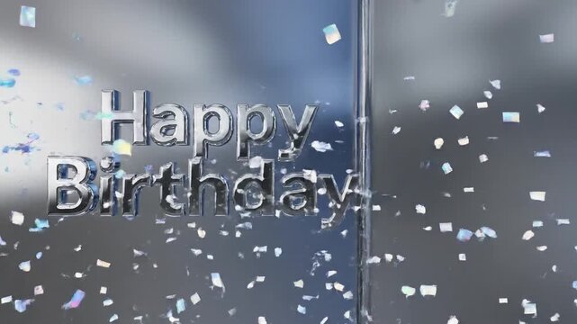 Colorful confetti falls around a shiny "Happy Birthday" text, creating a festive atmosphere in a celebratory setting