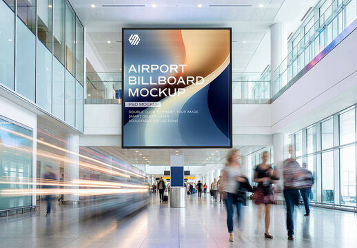 Squared Billboard In Bright Clean Airport Interior Mockup