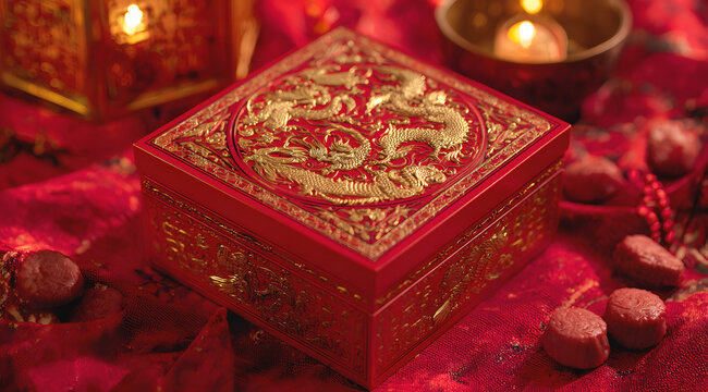 Red decorative gift box with gold dragon ornament on festive background
