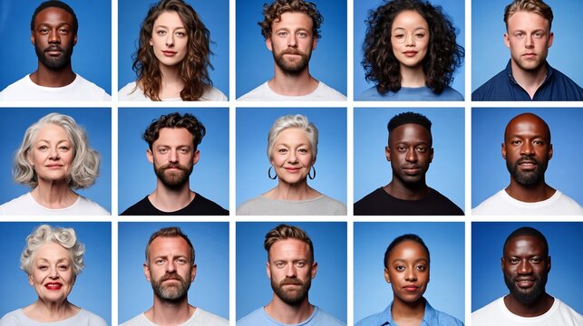 Diverse group of individuals with varying hairstyles and expressions arranged in a grid format against a solid blue background, showcasing different ages and genders