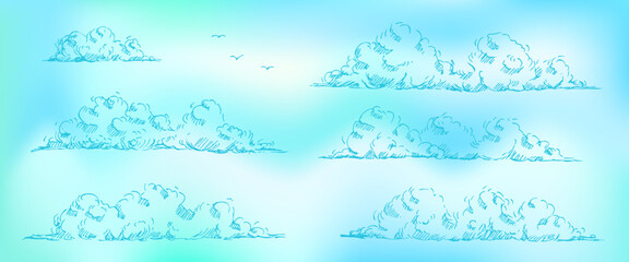 Blue sky cloud sketch with bird doodle on fresh gradient for travel. Soft sky blur in turquoise pastel with fluffy weather air. Coastal blue vector illustration for summer banner and header. © Syuzann q