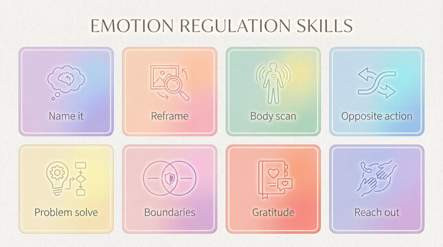 Emotion regulation skills chart explains tools. Emotion regulation methods include naming feelings, reframing, body scan, gratitude, boundaries, outreach for therapy, selfcare, wellness