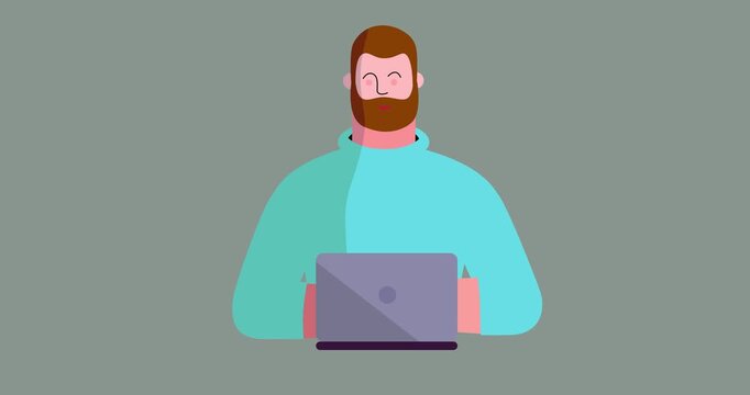Animated second man front side scene laptop isolated. Cartoon animation of businessman smiling working. Business explainer flat design people serie movie. Male with computer work scene video.