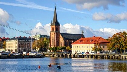 Obraz premium A serene waterfront cityscape with a church and buildings