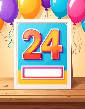 Birthday card with number 24 and text box for name or message. Bright colors and balloons