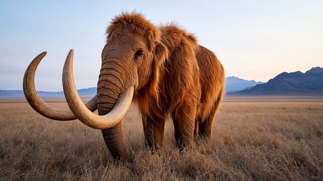 Woolly mammoth standing in a grassy field with mountains in the background during twilight, showcasing its long tusks and thick fur coat