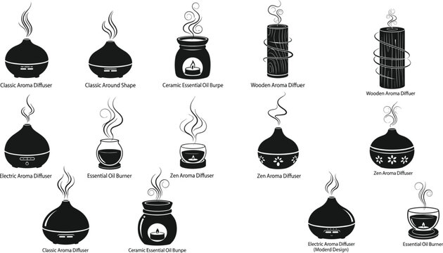 Aroma Diffuser Icon Set Featuring Classic, Electric, Wooden, and Zen Designs for Relaxation, Wellness, and Home Decor