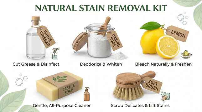Natural stain removal kit guide. Natural cleaning infographic features white vinegar, baking soda, lemon, castile soap, soft brush for stain removal, eco laundry care, fresh home cleaning routine